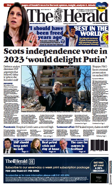 The Herald (UK) Newspaper Front Page for 23 March 2022