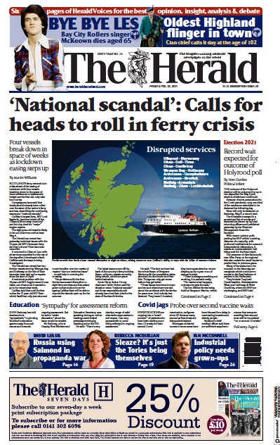 The Herald (UK) Newspaper Front Page for 23 April 2021