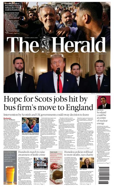 The Herald Newspaper Front Page for 23 June 2025