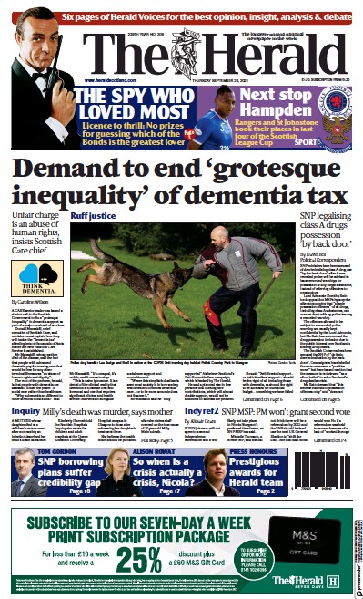 The Herald (UK) Newspaper Front Page for 23 September 2021
