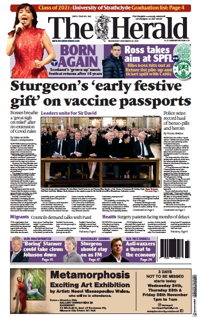 The Herald (UK) Newspaper Front Page for 24 November 2021