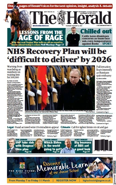 The Herald Newspaper Front Page for 24 February 2022