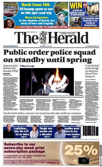 The Herald (UK) Newspaper Front Page for 24 July 2021