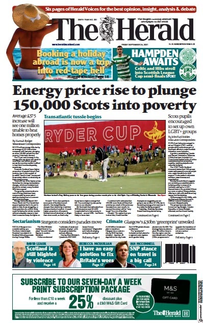 The Herald (UK) Newspaper Front Page for 24 September 2021