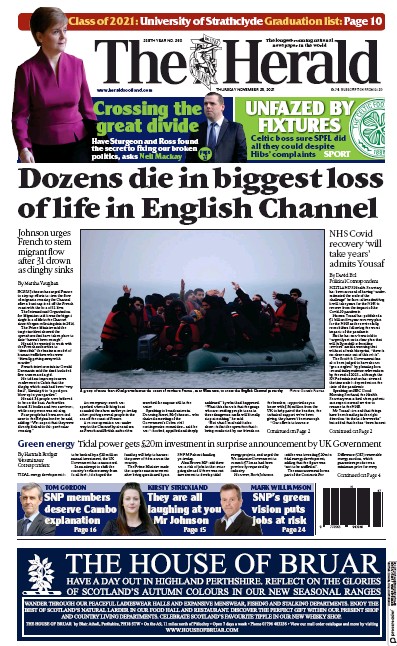 The Herald (UK) Newspaper Front Page for 25 November 2021