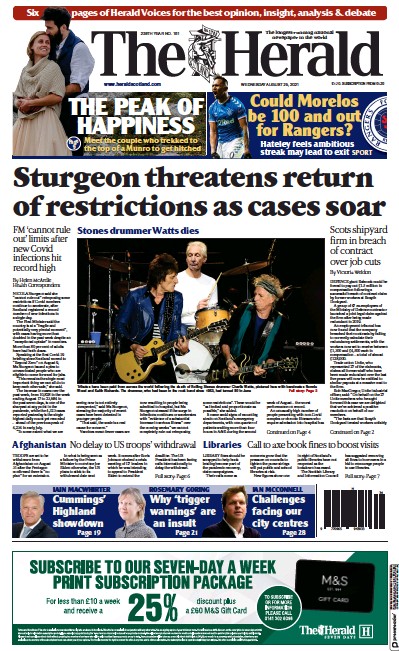 The Herald (UK) Newspaper Front Page for 25 August 2021