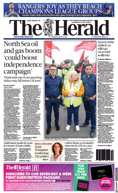 The Herald (UK) Newspaper Front Page for 25 August 2022