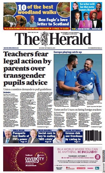 The Herald (UK) Newspaper Front Page for 25 September 2021