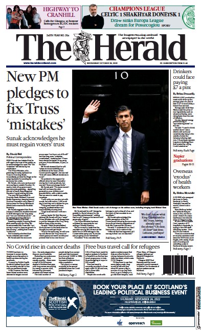 The Herald (UK) Newspaper Front Page for 26 October 2022