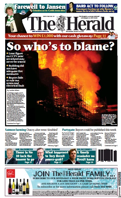 The Herald (UK) Newspaper Front Page for 26 January 2022