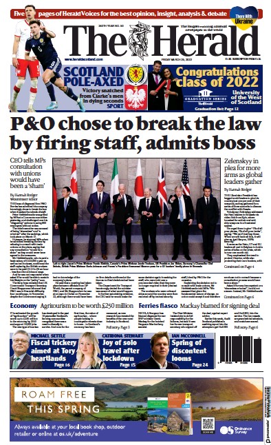 The Herald Newspaper Front Page for 26 March 2022
