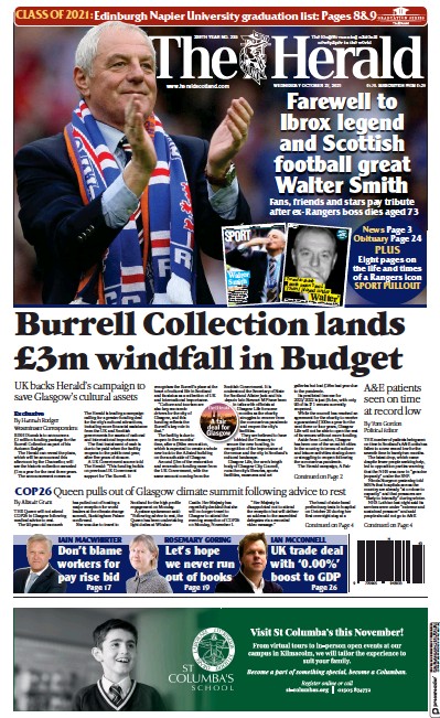 The Herald (UK) Newspaper Front Page for 27 October 2021