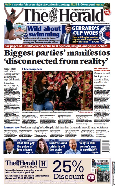The Herald (UK) Newspaper Front Page for 27 April 2021