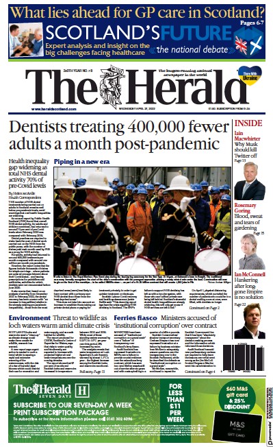The Herald Newspaper Front Page for 27 April 2022