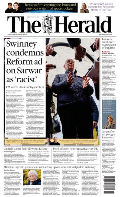 The Herald (UK) Newspaper Front Page for 27 May 2025