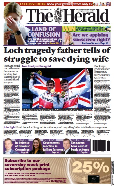 The Herald (UK) Newspaper Front Page for 27 July 2021