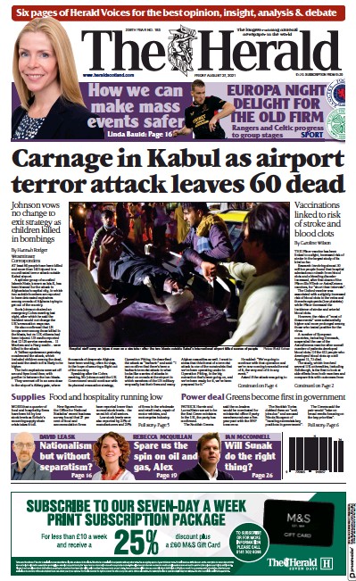 The Herald (UK) Newspaper Front Page for 27 August 2021