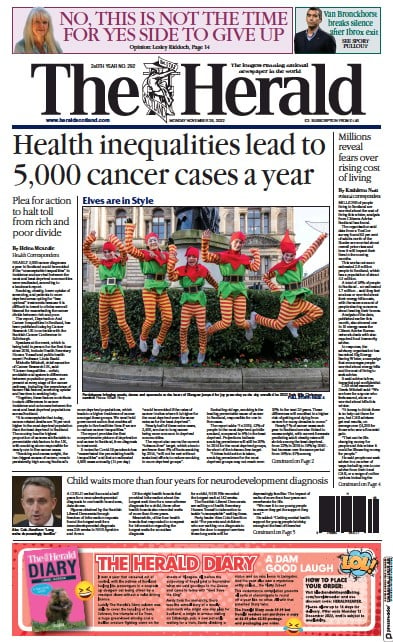 The Herald (UK) Newspaper Front Page for 28 November 2022