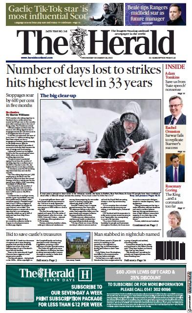 The Herald (UK) Newspaper Front Page for 28 December 2022