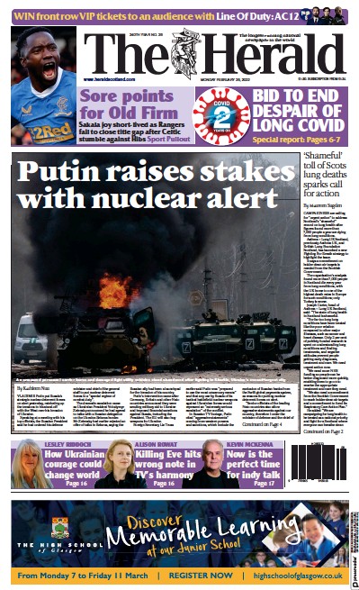 The Herald Newspaper Front Page for 28 February 2022