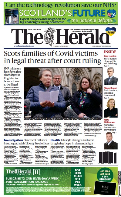 The Herald Newspaper Front Page for 28 April 2022
