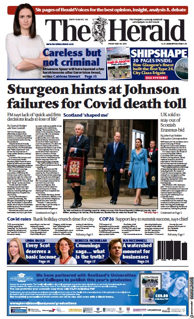 The Herald Newspaper Front Page for 28 May 2021