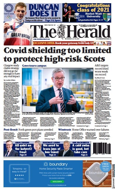 The Herald (UK) Newspaper Front Page for 28 July 2021