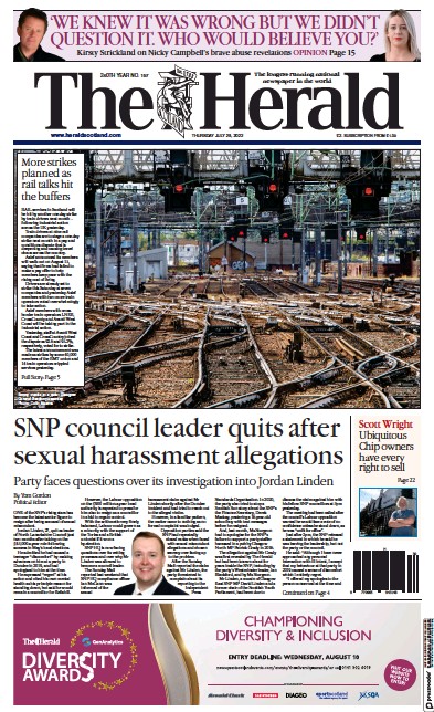 The Herald Newspaper Front Page for 28 July 2022