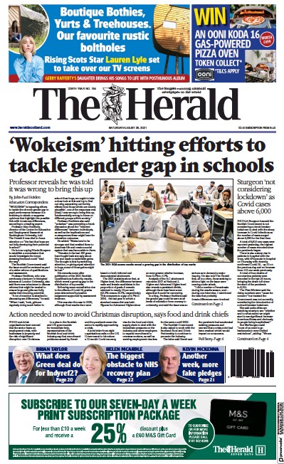 The Herald (UK) Newspaper Front Page for 28 August 2021