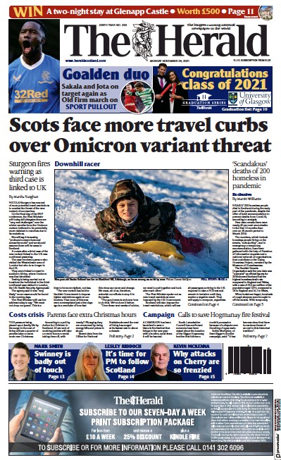 The Herald (UK) Newspaper Front Page for 29 November 2021