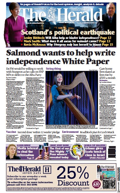 The Herald (UK) Newspaper Front Page for 29 March 2021