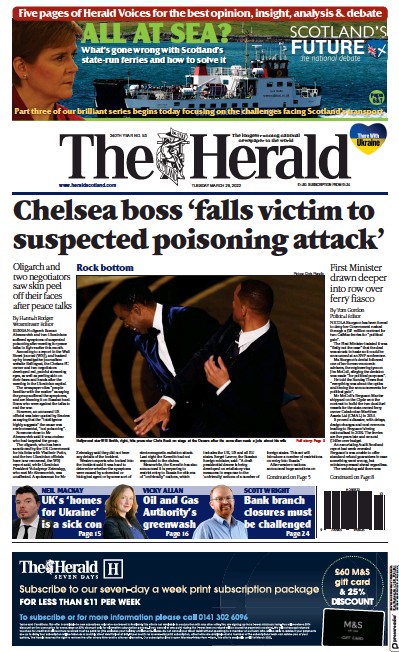 The Herald Newspaper Front Page for 29 March 2022