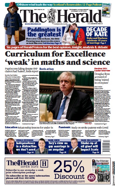 The Herald (UK) Newspaper Front Page for 29 April 2021