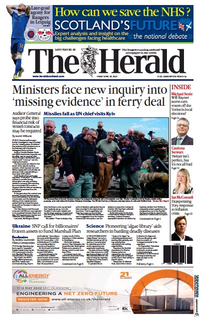 The Herald Newspaper Front Page for 29 April 2022