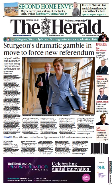 The Herald (UK) Newspaper Front Page for 29 June 2022