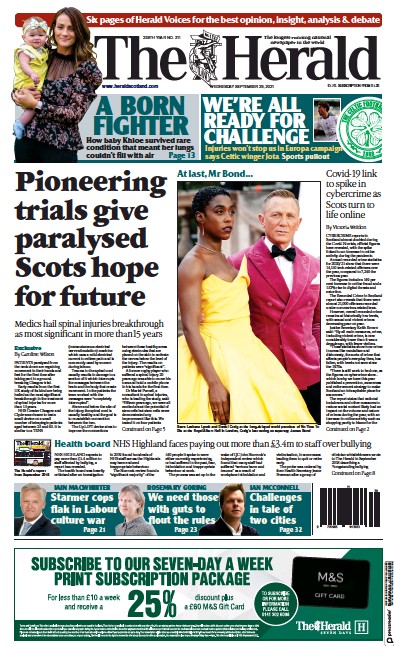 The Herald (UK) Newspaper Front Page for 29 September 2021
