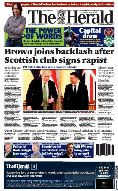 The Herald (UK) Newspaper Front Page for 2 February 2022