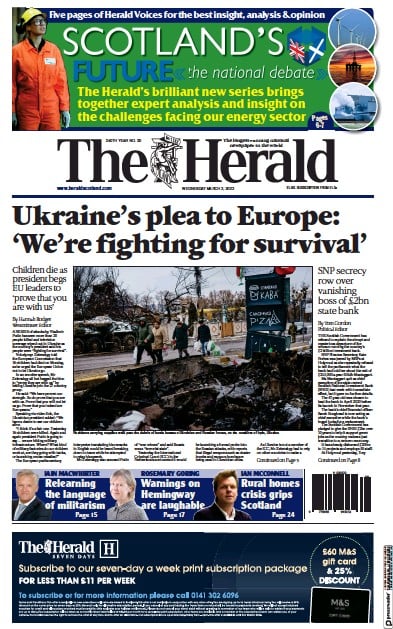 The Herald (UK) Newspaper Front Page for 2 March 2022