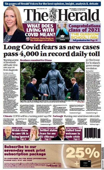 The Herald (UK) Newspaper Front Page for 2 July 2021