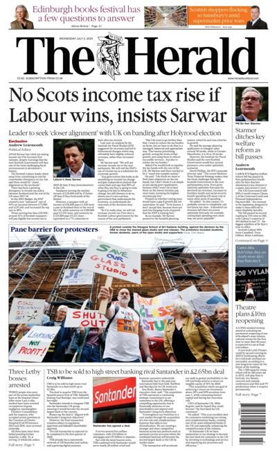 The Herald (UK) Newspaper Front Page for 2 July 2025