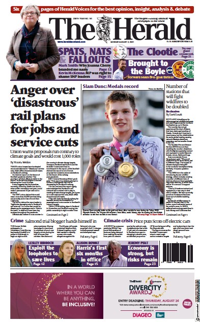 The Herald (UK) Newspaper Front Page for 2 August 2021