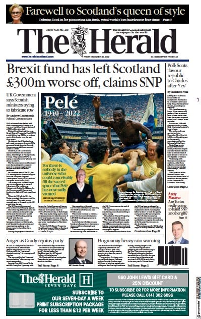 The Herald (UK) Newspaper Front Page for 30 December 2022