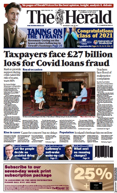 The Herald (UK) Newspaper Front Page for 30 June 2021