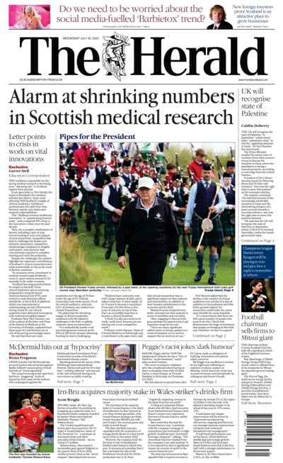 The Herald (UK) Newspaper Front Page for 30 July 2025