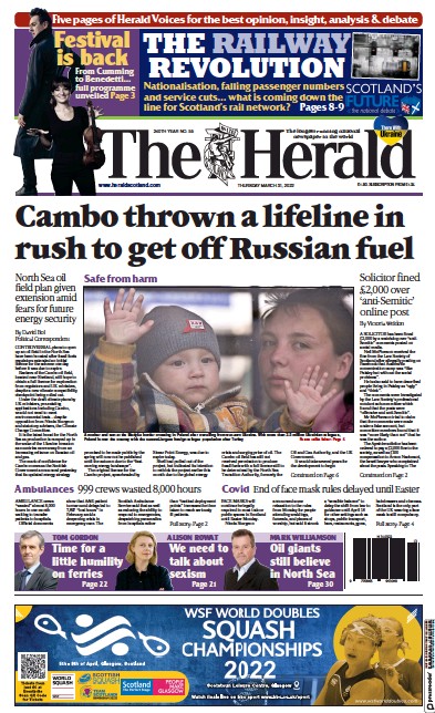 The Herald Newspaper Front Page for 31 March 2022