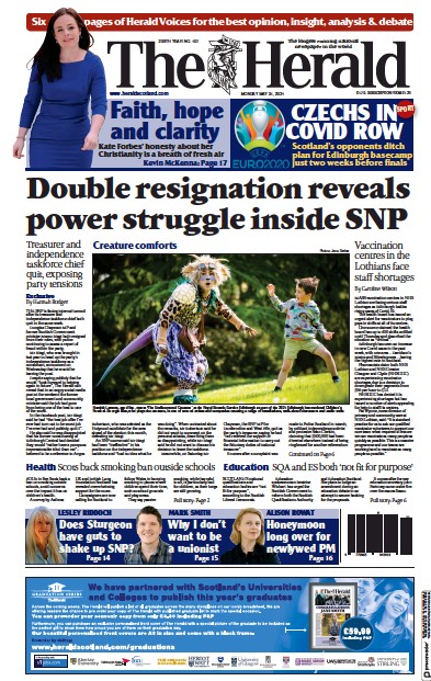 The Herald Newspaper Front Page for 31 May 2021