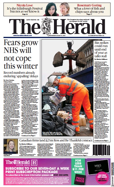 The Herald (UK) Newspaper Front Page for 31 August 2022