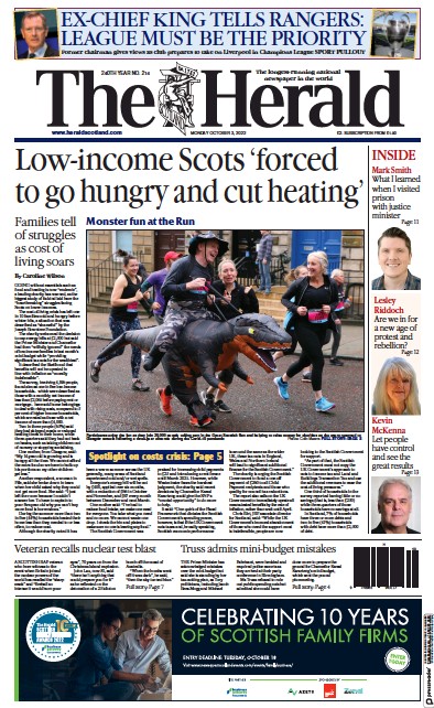 The Herald (UK) Newspaper Front Page for 3 October 2022