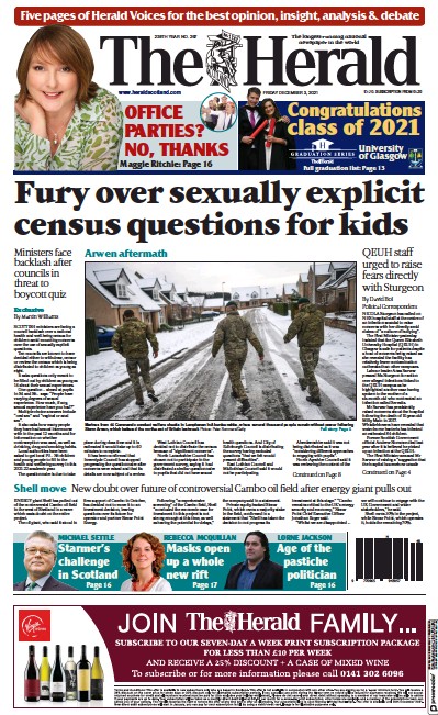 The Herald (UK) Newspaper Front Page for 3 December 2021