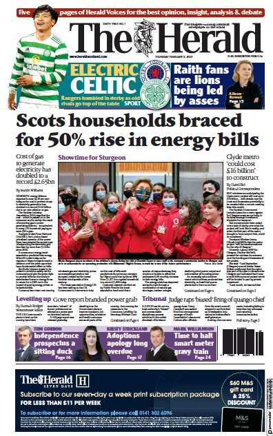 The Herald (UK) Newspaper Front Page for 3 February 2022
